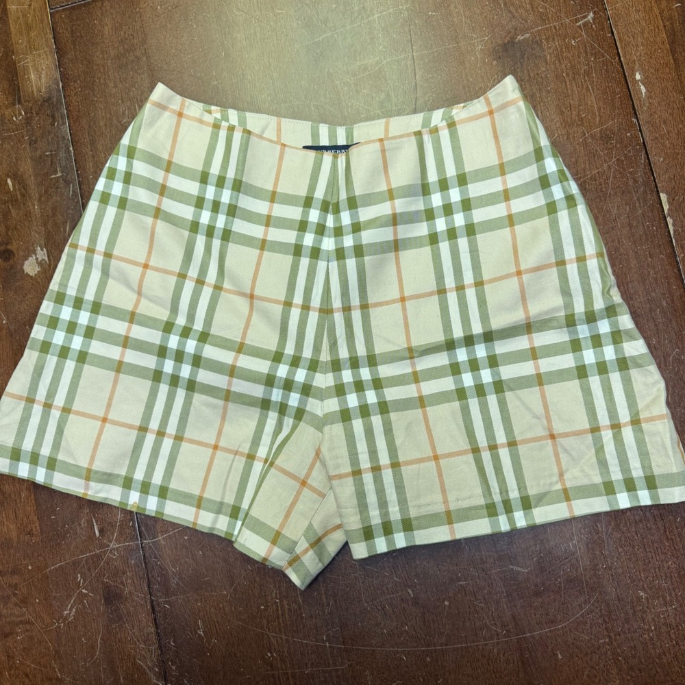 Burberry Cream, Green & Tan Plaid High-Waist Shorts